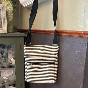 Thirty-One Black and Ivory/Beige Striped Organizing Cross-body Shoulder Bag